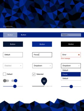 Koyu mavi vektör UI kiti poligonal tarzı. Basit malzeme tasarım kiti ile üçgen renkli mozaik. Web siteleri için basit renkli tasarım.