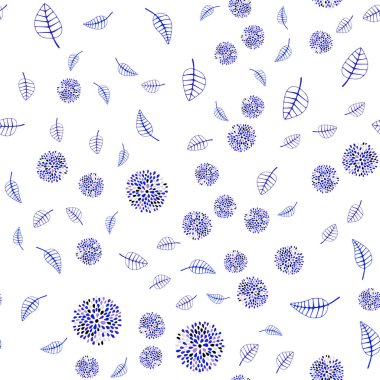 Hafif pembe, mavi vektör sorunsuz doğal resimle yapraklar ve çiçekler. Renkli resimde doodle tarzı yaprakları, çiçekleri ile. İş tasarımınız için yeni stil.