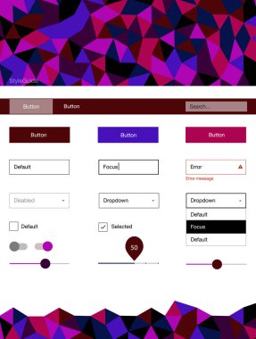 Koyu mavi, kırmızı vektör tasarım UI kiti ile mozaik. Basit malzeme tasarım kiti ile üçgen renkli mozaik. Sen-ebilmek kullanma için açılış sayfaları bu şablonu.