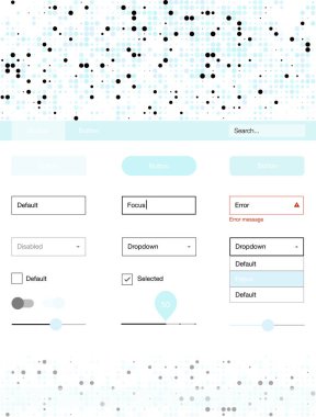 Açık mavi noktalar ile malzeme tasarım kiti vektör. Web Kullanıcı arabirimi kiti başlığını soyut degrade daireler ile. Web siteleri, açılış sayfaları için güzel düzeni.