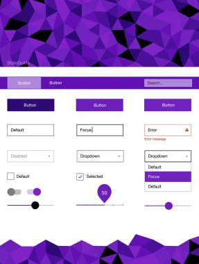 Hafif mor vektör UI ux kiti üçgen tarzı. Üçgenler ile poligonal tarzında modern stil rehberi. Bu örnek açılış sayfanız için mu.