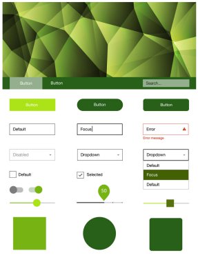 Açık yeşil çizgilerle malzeme tasarım kiti vektör. Üçgenler ile poligonal tarzında modern stil rehberi. Web siteleri için basit renkli tasarım.