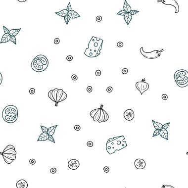 Koyu mavi restoran gıda ile sorunsuz düzen vektör. Resimde dizi doodle tarzı taze yiyecek. Desen menüsü kafeteryalar, barlar, restoranlar için.