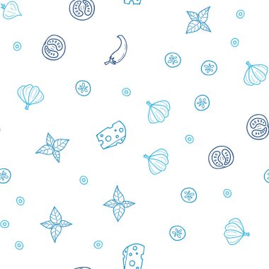 Mavi vektör sorunsuz dokulu aperatifler ve hafif. Glitter gurme gıda ile soyut kroki. Mutfakta yemek yemek için şablon.