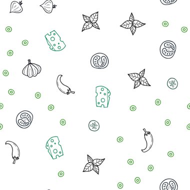 Koyu yeşil mutfak gurme ile sorunsuz kapak vektör. Bulanık dekoratif tasarım doodle tarzı aperatifler. Kafe işletme reklamınız için tasarım doodle.