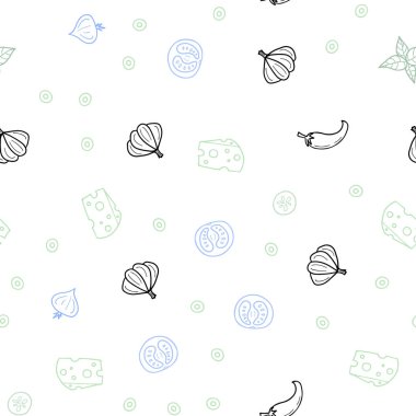 Açık mavi, yeşil vektör sorunsuz arka plan ile lezzetli yemekler. Glitter gurme gıda ile soyut kroki. Mutfakta yemek yemek için şablon.