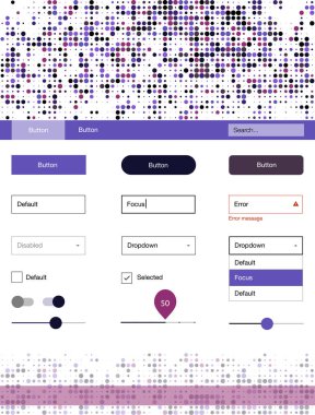 Koyu mor, pembe UI ux kiti daireler ile vektör. Güzel UI ux kiti ile onun üstbilgisindeki renkli noktalar. Sen-ebilmek kullanma için açılış sayfaları bu şablonu.