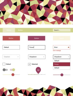 Karanlık çok renkli vektör tasarım UI kiti ile mozaik. Üçgenler ile poligonal tarzında modern stil rehberi. Bu örnek açılış sayfanız için mu.