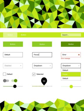 Açık yeşil, sarı vektör UI kiti poligonal tarzı. Basit malzeme tasarım kiti ile üçgen renkli mozaik. Bu örnek açılış sayfanız için mu.