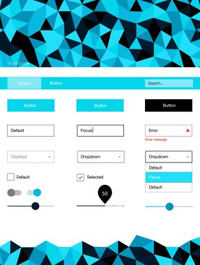 Koyu mavi vektör UI kiti poligonal tarzı. Basit malzeme tasarım kiti ile üçgen renkli mozaik. Bu örnek açılış sayfanız için mu.
