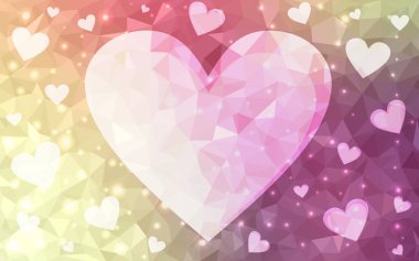 Açık Pembe, sarı vektör kalbi beyaz arkaplanda izole edilmiş. Geometrik buruşuk üçgen düşük poli origami stili grafiksel çizim. İşiniz için çokgen tasarım.