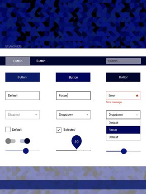 Koyu mavi vektör tasarım UI kiti noktalı. Başlığını renkli gradyan daireler modern stil kılavuzu. Web siteleri, açılış sayfaları için güzel düzeni.