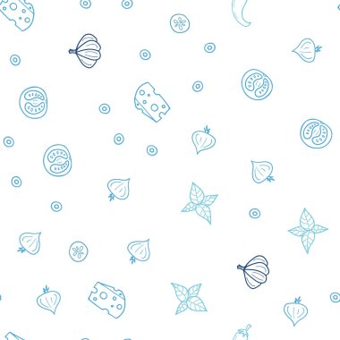 Açık mavi, yeşil vektör sorunsuz kapak mutfak gurme ile. Dekoratif illüstrasyon gıda ile soyut şablonunda parlayan. Reklam, kitapçıklar, broşürler restoranlar için desen.