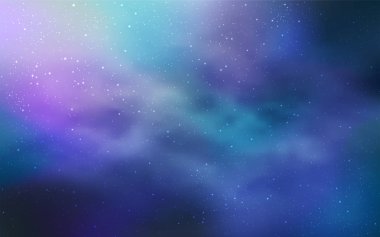 Gece gökyüzü yıldızlı açık mavi vektör deseni. Bulanık arkaplandaki ve gradyanı olan uzay yıldızları. Kozmik arkaplanlar için şablon.