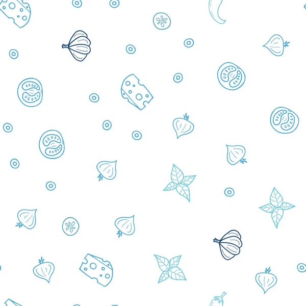 Açık mavi, yeşil vektör sorunsuz kapak mutfak gurme ile. Dekoratif illüstrasyon gıda ile soyut şablonunda parlayan. Reklam, kitapçıklar, broşürler restoranlar için desen.