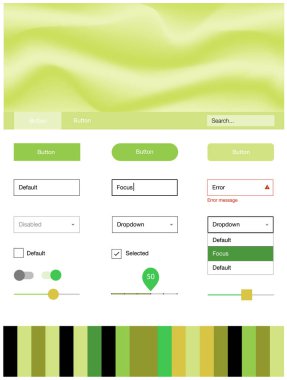 Açık yeşil, sarı vektör tasarım UI kiti eğri daireler ile. Renkli resimde gradyan ile soyut memphis tarzı. Açılış sayfanız için modern şablon.