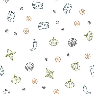 Koyu yeşil, kırmızı lezzetli atıştırmalıklar ile sorunsuz doku vektör. Fast Food renkli gradyan ile bulanık arka plan üzerinde. Reklam, kitapçıklar, broşürler restoranlar için desen.