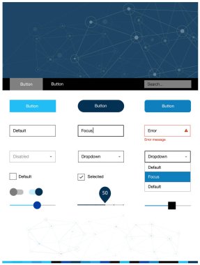 Koyu mavi vektör web UI kiti poligonal tarzı daireler ile. Renkli üçgen, daire basit malzeme tasarım kiti. Bu web siteleri için kullanabileceğiniz şablon.