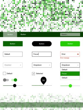 Işık yeşil vektör küreler web UI kiti. Basit malzeme tasarım kiti üstbilgisindeki renkli noktalar ile. Bu örnek açılış sayfanız için mu.