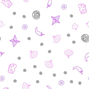 Işık mor, pembe vektör sorunsuz arka plan ile lezzetli yemekler. Dekoratif illüstrasyon gıda ile soyut şablonunda parlayan. Reklam, kitapçıklar, broşürler restoranlar için desen.