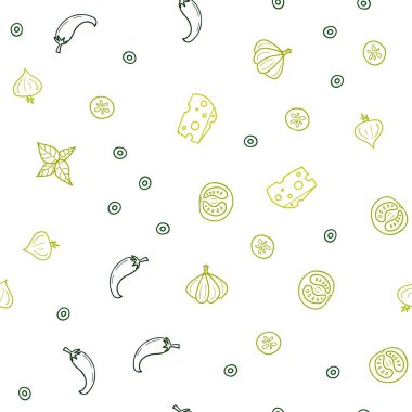 Açık yeşil, sarı vektör seamless modeli taze malzemelerle. Glitter gurme gıda ile soyut kroki. Kafe işletme reklamınız için tasarım doodle.