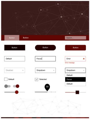 Koyu kırmızı vektör web UI kiti poligonal tarzı daireler ile. Renkli UI/ux kiti ile üçgenler, üstbilgi çevrelerde. Web siteleri için basit renkli tasarım.