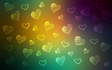 Açık mavi, yeşil vektör kapak kalpleri parlayan ile. Güzel renkli illüstrasyon kalp kutlama tarzı. Karnaval, festival romantik broşürler için desen.