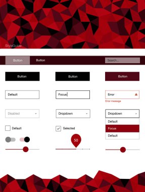 Koyu kırmızı vektör tel kafes kiti kristalleri ile. Web Kullanıcı arabirimi kiti ile onun üstbilgisindeki soyut degrade üçgenler. Bu örnek açılış sayfanız için mu.