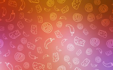 Hafif pembe, sarı vektör kapak mutfak gurme ile. Resimde dizi doodle tarzı taze yiyecek. Mutfakta yemek yemek için şablon.