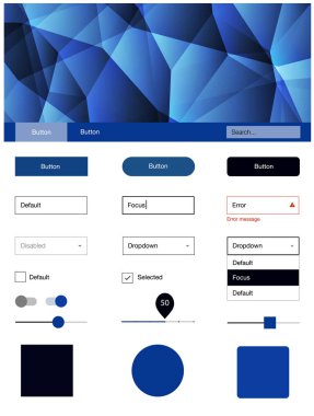 Koyu mavi vektör UI kiti poligonal tarzı. UI Ux kiti başlığını poligonal renkli arka plan ile. Web siteleri için basit renkli tasarım.