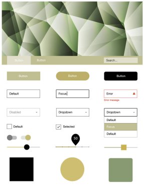 Açık yeşil, sarı vektör tasarım UI kiti ile mozaik. Web Kullanıcı arabirimi kiti ile onun üstbilgisindeki soyut degrade üçgenler. Açılış sayfanız için modern şablon.