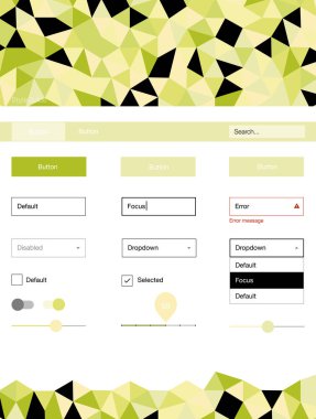 Açık yeşil, sarı vektör tasarım UI kiti ile mozaik. Dekoratif UI takımı tasarım renkli kristaller ile soyut tarzda. Web siteleri için basit renkli tasarım.