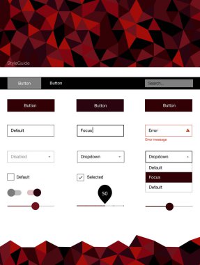 Üçgenler ile koyu kırmızı vektör stil rehberi. Web Kullanıcı arabirimi kiti ile onun üstbilgisindeki soyut degrade üçgenler. Bu web siteleri için kullanabileceğiniz şablon.