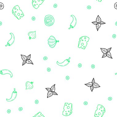 Açık yeşil, sarı vektör sorunsuz şablon organik yemek ile. Gıda doodle tarzı ile güzel renkli resimde. Mutfakta yemek yemek için şablon.