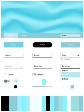 Açık mavi, yeşil vektör UI ux kiti çizgilerle, oval. Gradyan ile mermer tarzı kıvırcık illüstrasyon parlayan. Web siteleri için basit renkli tasarım.