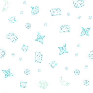 Açık mavi, taze malzemelerle Dikişsiz desen vektör yeşil. Bulanık dekoratif tasarım doodle tarzı aperatifler. Desen reklamlar Kahvaltı, Öğle Yemeği, akşam yemeği için.