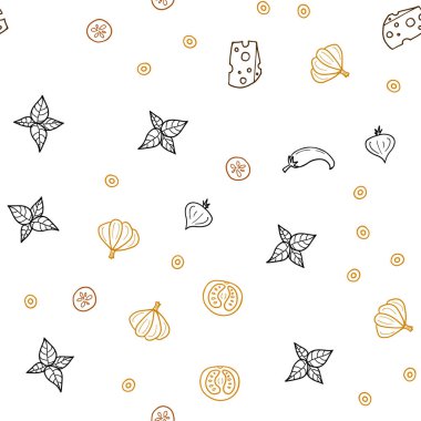 Koyu turuncu vektör gurme mutfağı ile sorunsuz kapak. Resimde dizi doodle tarzı taze yiyecek. Kafe işletme reklamınız için tasarım doodle.