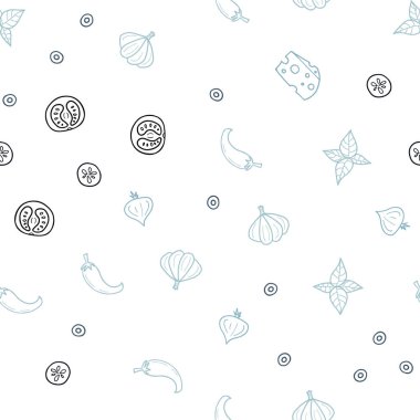 Koyu mavi taze malzemelerle Dikişsiz desen vektör. Resimde dizi doodle tarzı taze yiyecek. Desen reklamlar Kahvaltı, Öğle Yemeği, akşam yemeği için.