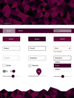 Koyu mor vektör web UI kiti poligonal tarzı. Arka plan üzerinde renkli stil rehberi üçgenler ile. Bu örnek açılış sayfanız için mu.