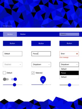 Hafif mavi vektör UI kiti poligonal tarzı. Web Kullanıcı arabirimi kiti ile onun üstbilgisindeki soyut degrade üçgenler. Açılış sayfanız için modern şablon.