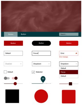 Koyu kırmızı vektör UI kiti ile bulutlar ve yıldız. Basit malzeme tasarım kiti üstbilgisindeki renkli bulutlar ile. Açılış sayfanız için modern şablon.