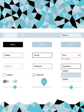 Hafif mavi vektör UI kiti poligonal tarzı. Arka plan üzerinde renkli stil rehberi üçgenler ile. Web siteleri, açılış sayfaları için güzel düzeni.