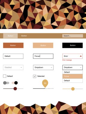 Koyu turuncu vektör web UI kiti poligonal tarzı. Web Kullanıcı arabirimi kiti ile onun üstbilgisindeki soyut degrade üçgenler. Web siteleri, açılış sayfaları için güzel düzeni.