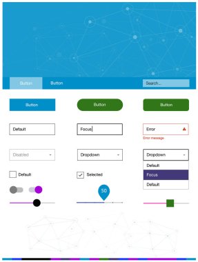 Karanlık çok renkli vektör web UI kiti poligonal tarzı daireler ile. Renkli üçgen, daire basit malzeme tasarım kiti. Bu web siteleri için kullanabileceğiniz şablon.