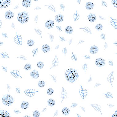 Hafif mavi vektör sorunsuz doodle desenle yaprak ve çiçek. Renkli resimde doodle tarzı yaprakları, çiçekleri ile. Tasarımınız için tamamen yeni şablon.