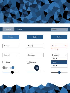 Hafif mavi vektör UI ux kiti üçgen tarzı. Basit malzeme tasarım kiti ile üçgen renkli mozaik. Web siteleri için basit renkli tasarım.