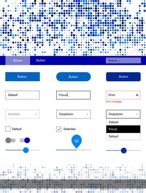 Koyu mavi noktalar ile malzeme tasarım kiti vektör. Güzel UI ux kiti ile onun üstbilgisindeki renkli noktalar. Web siteleri için basit renkli tasarım.