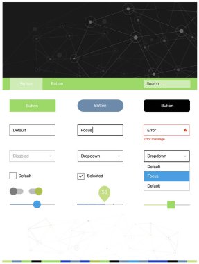 Açık mavi, yeşil vektör UI ux kiti daireler ile üçgen tarzı. Renkli UI/ux kiti ile üçgenler, üstbilgi çevrelerde. Bu örnek açılış sayfanız için mu.