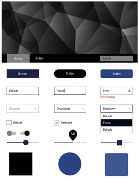 Koyu mavi vektör UI kiti poligonal tarzı. Basit malzeme tasarım kiti ile üçgen renkli mozaik. Web siteleri, açılış sayfaları için güzel düzeni.
