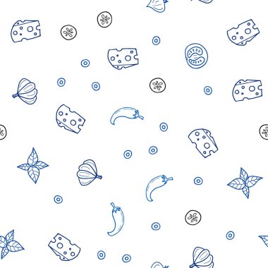 Hafif mavi vektör Restoran gıda ile sorunsuz düzeni. Fast Food renkli gradyan ile bulanık arka plan üzerinde. Mutfakta yemek yemek için şablon.